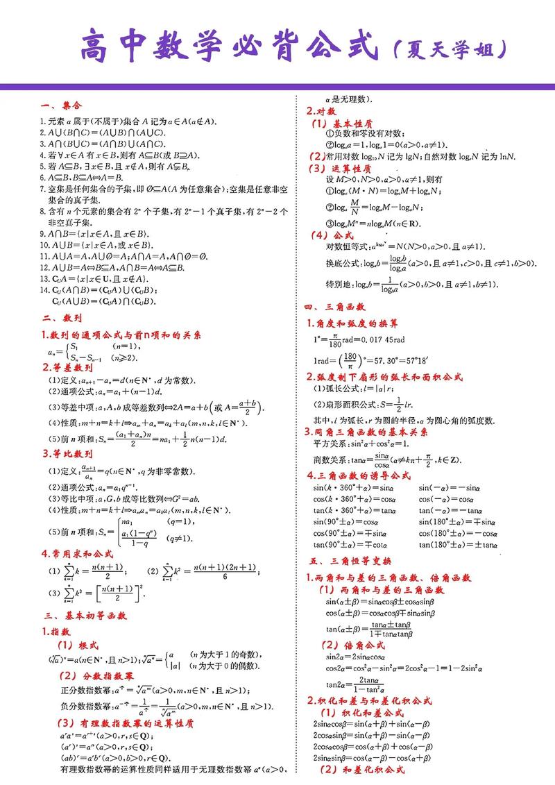 高中数学卡片公式有哪些，高中数学中，哪些公式是必须掌握并制作成卡片以便随时复习的？