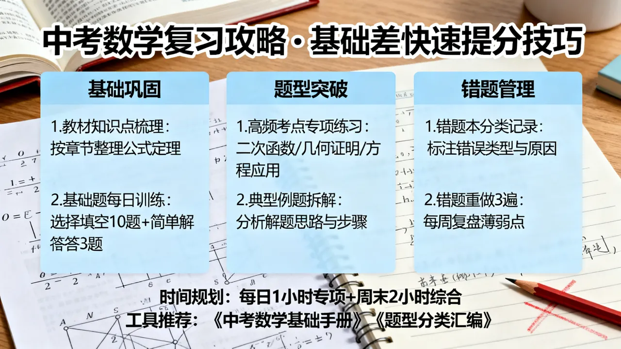 中考数学如何复习，初三生数学基础差有哪些快速提分技巧？